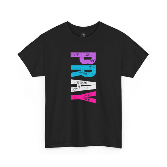 Christ Centered Faith women's Christian t-shirt with multicolor "Pray" text on black background.