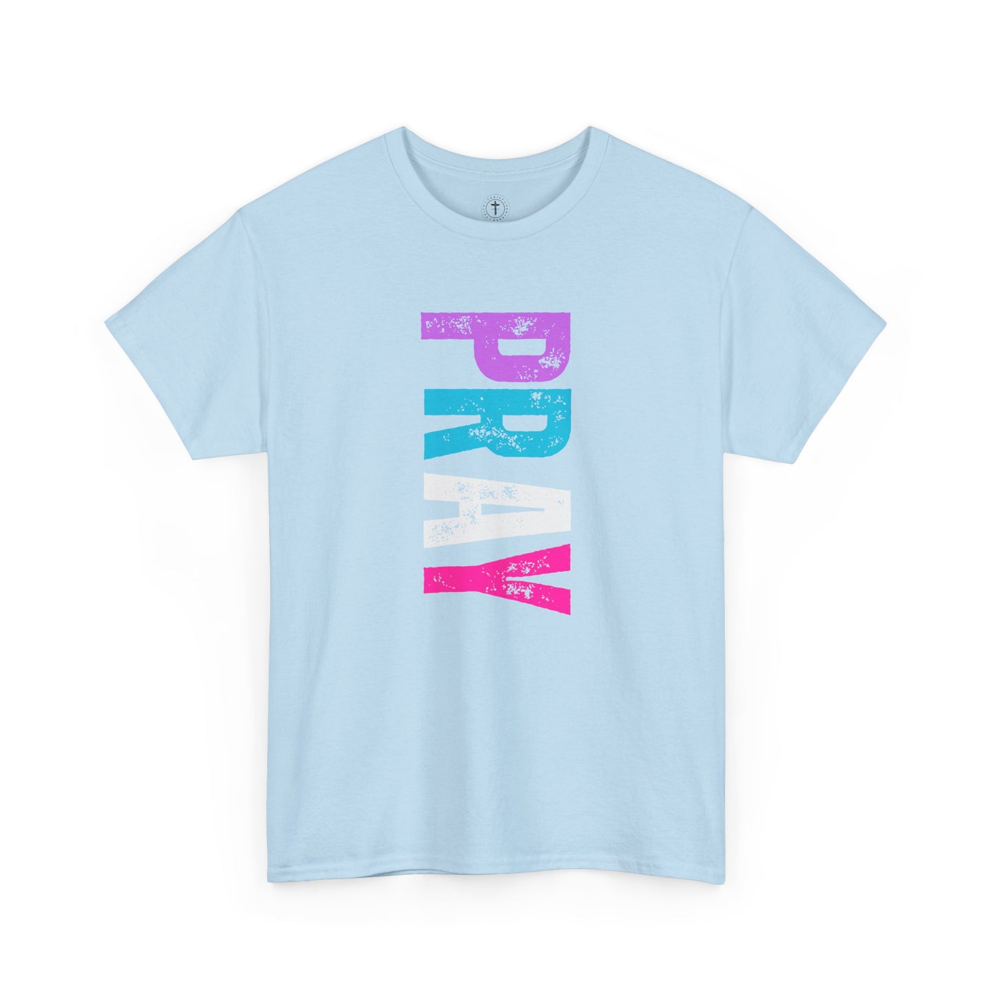 Christ Centered Faith women's Christian t-shirt with multicolor "Pray" text on blue background.