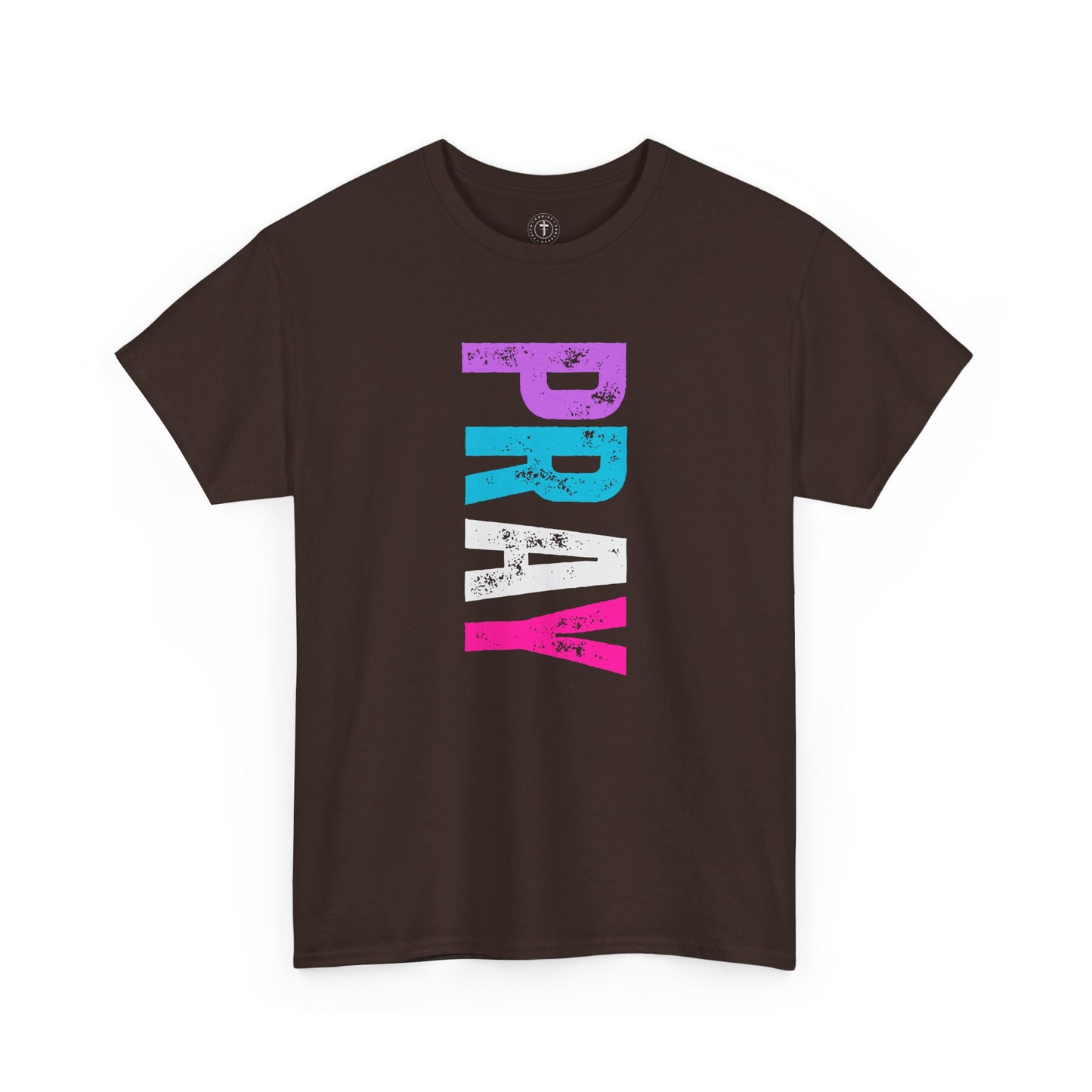 Christ Centered Faith women's Christian t-shirt with multicolor "Pray" text on chocolate brown background.