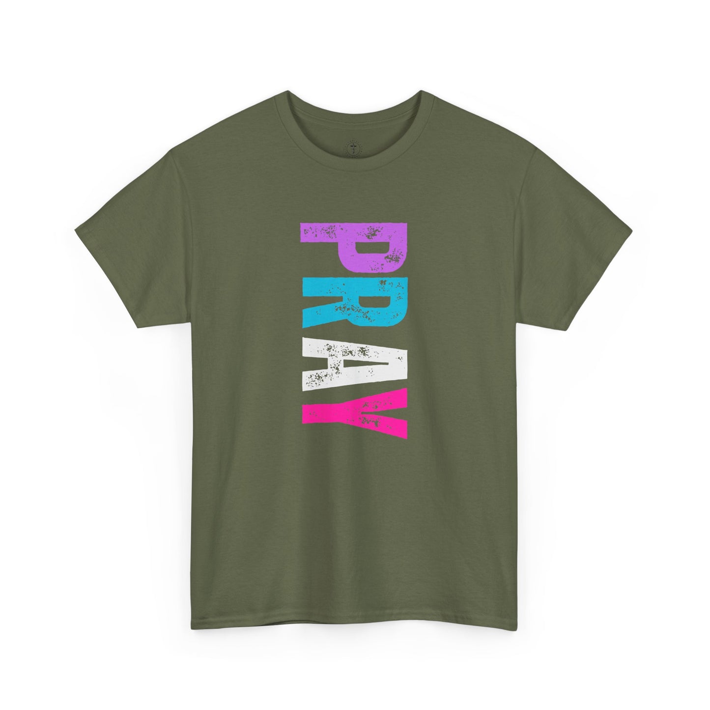 Christ Centered Faith women's Christian t-shirt with multicolor "Pray" text on military green background.