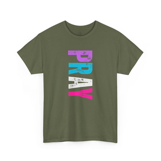 Christ Centered Faith women's Christian t-shirt with multicolor "Pray" text on military green background.