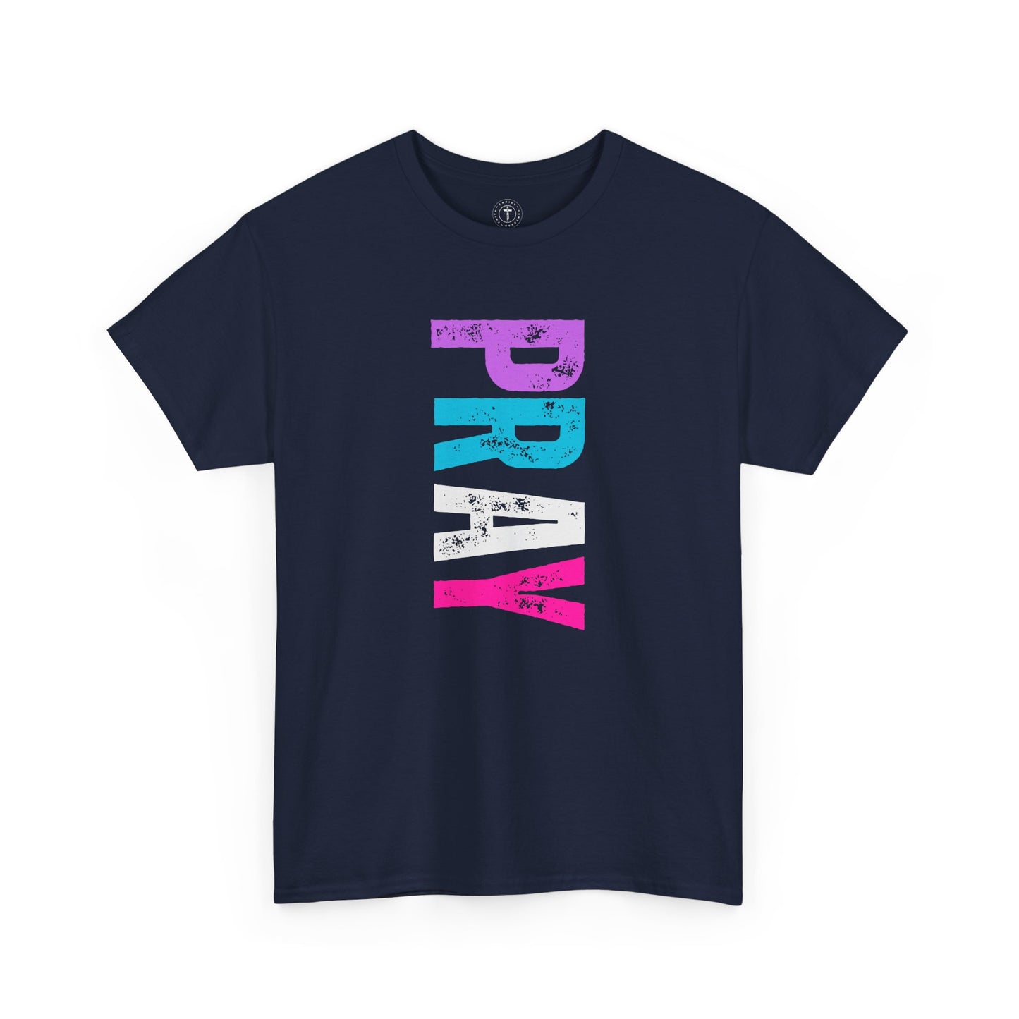 Christ Centered Faith women's Christian t-shirt with multicolor "Pray" text on navy background.