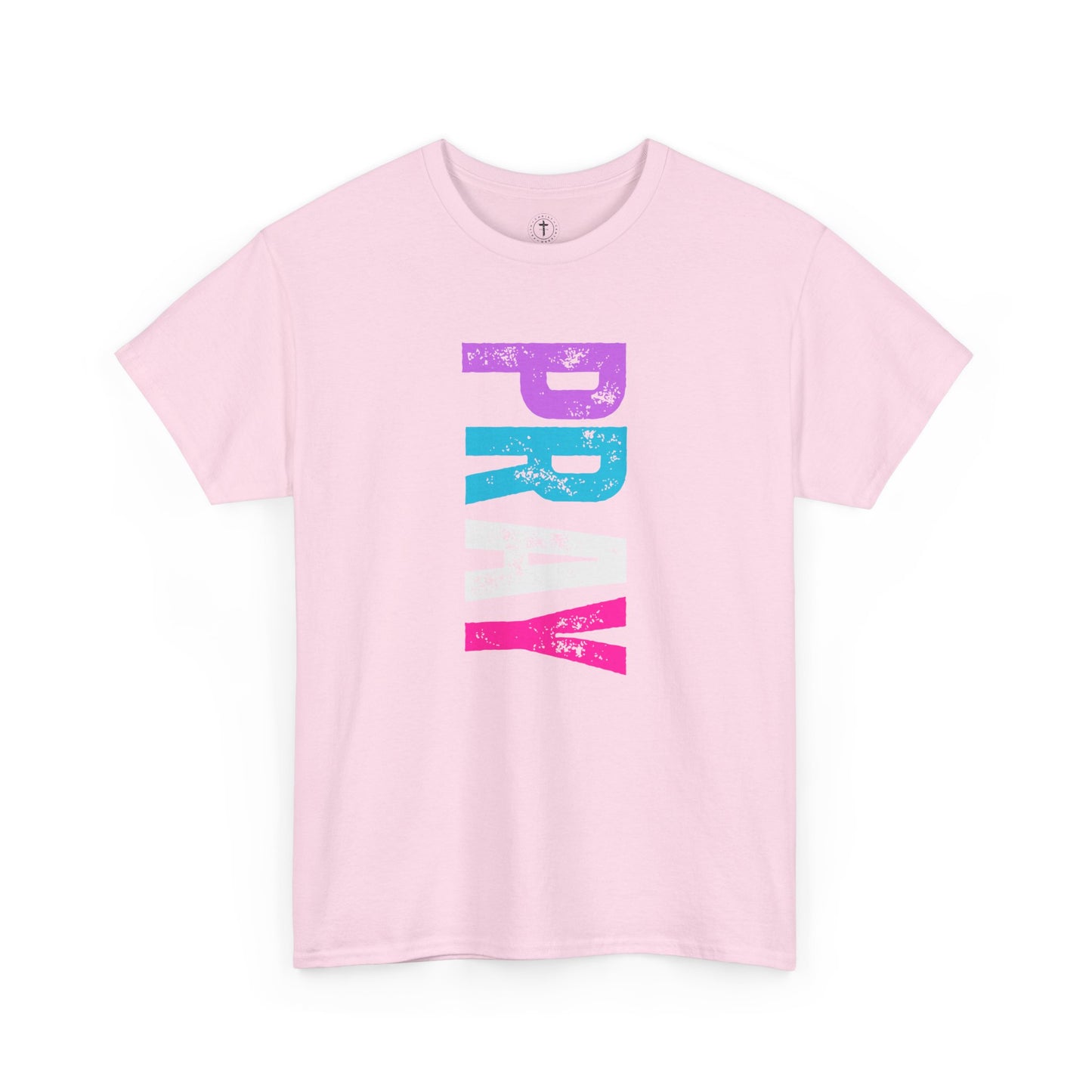Christ Centered Faith women's Christian t-shirt with multicolor "Pray" text on pink background.