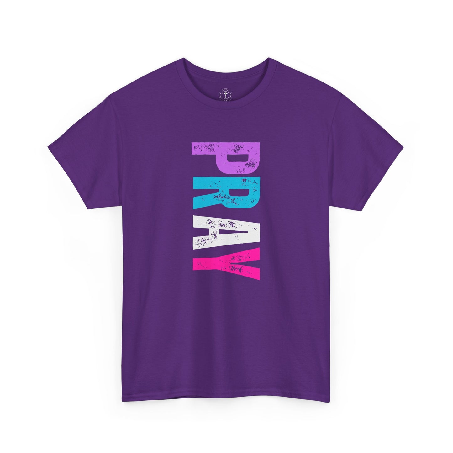Christ Centered Faith women's Christian t-shirt with multicolor "Pray" text on purple background.