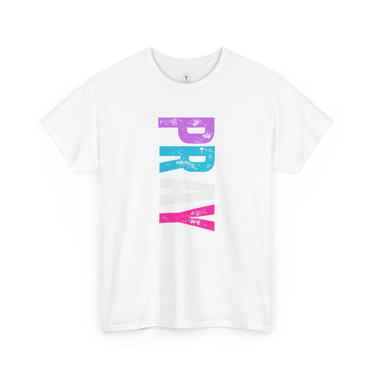 Christ Centered Faith women's Christian t-shirt with multicolor "Pray" text on white background.
