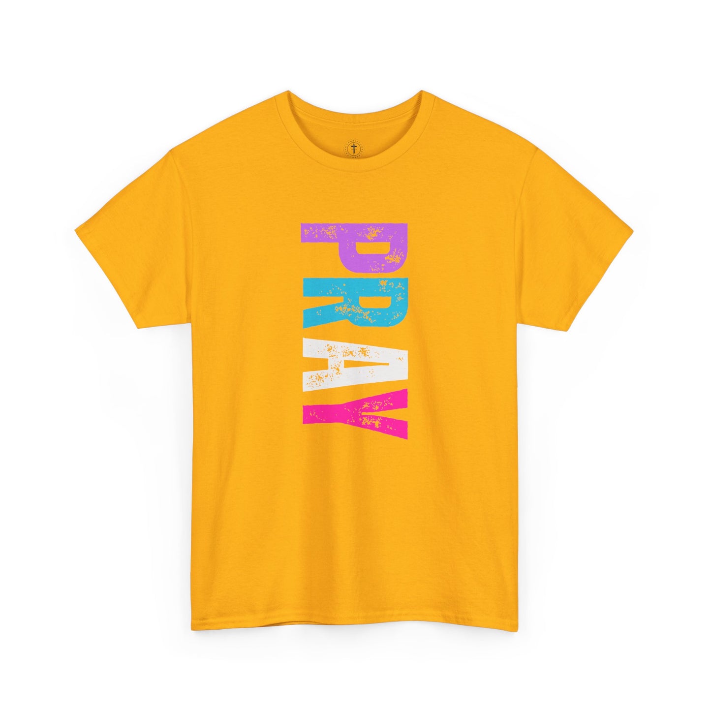 Christ Centered Faith women's Christian t-shirt with multicolor "Pray" text on yellow background.