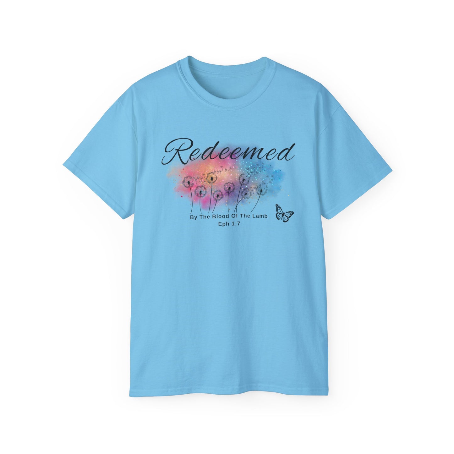Christ Centered Faith women's Christian T-shirt with "Redeemed By The Blood Of The Lamb" and Ephesians 1:7 Bible verse text in black over a multicolor watercolor mark with black butterfly and dandelions on blue background.