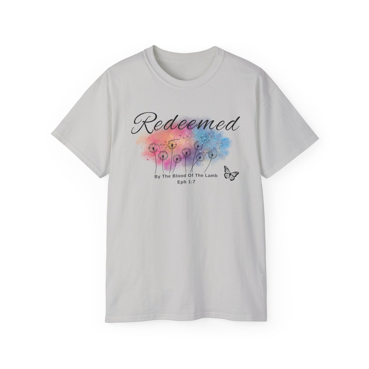 Christ Centered Faith women's Christian T-shirt with "Redeemed By The Blood Of The Lamb" and Ephesians 1:7 Bible verse text in black over a multicolor watercolor mark with black butterfly and dandelions on cement gray background.