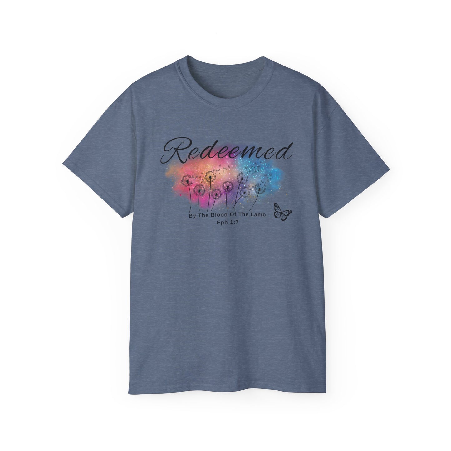 Christ Centered Faith women's Christian T-shirt with "Redeemed By The Blood Of The Lamb" and Ephesians 1:7 Bible verse text in black over a multicolor watercolor mark with black butterfly and dandelions on gray background.