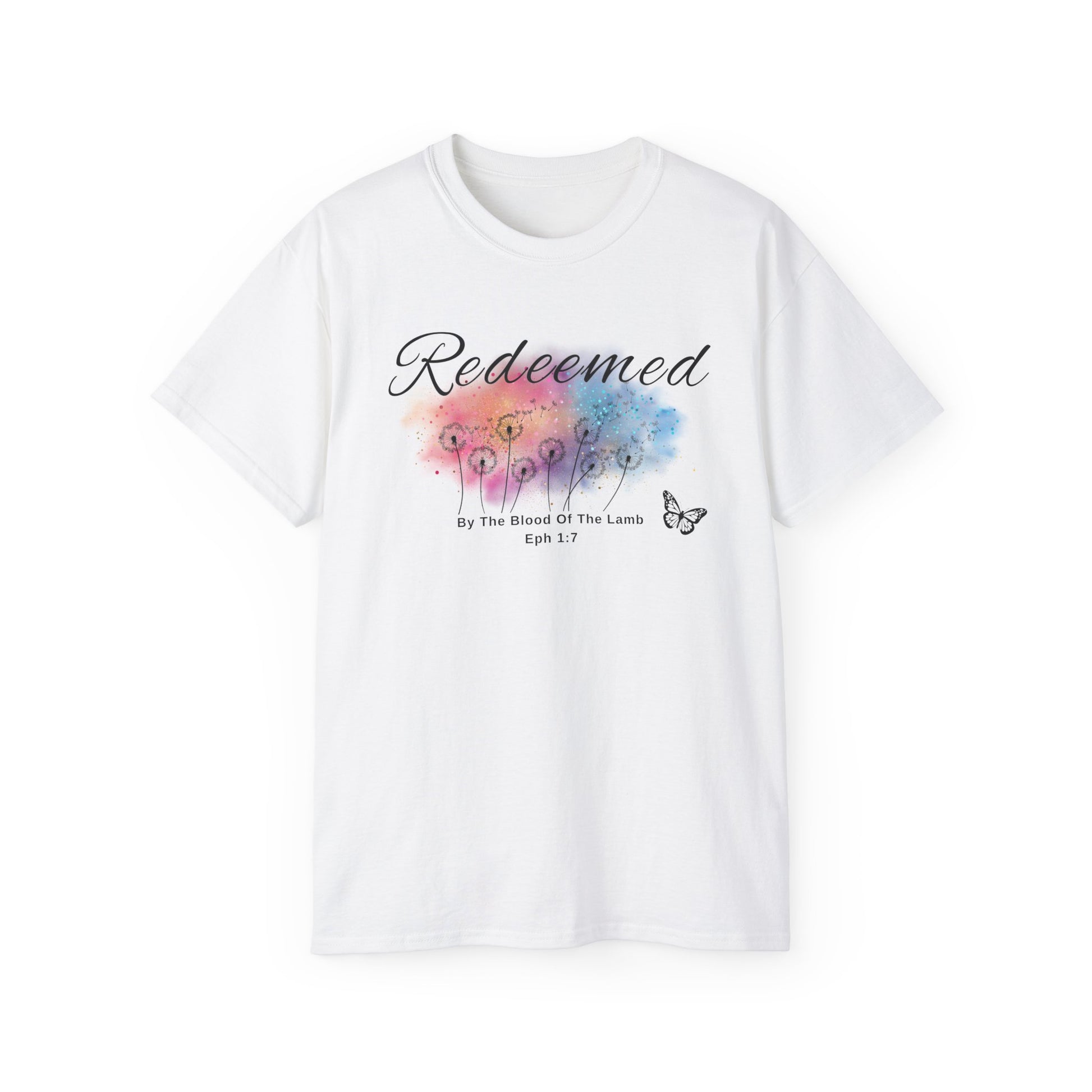 Christ Centered Faith women's Christian T-shirt with "Redeemed By The Blood Of The Lamb" and Ephesians 1:7 Bible verse text in black over a multicolor watercolor mark with black butterfly and dandelions on white background.