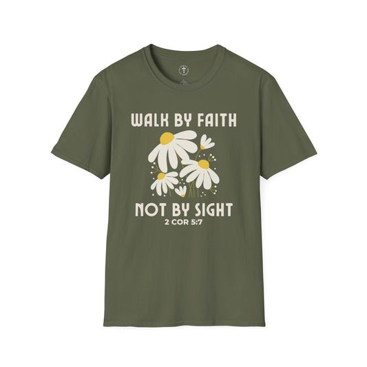 Christ Centered Faith women's Christian t-shirt with "Walk By Faith Not By Sight 2 Corinthians 5:7" text in white and white daisy flowers on military green background.