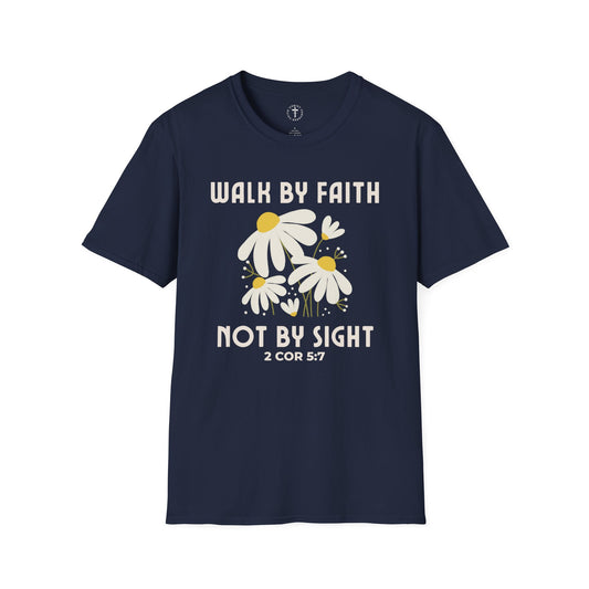 Christ Centered Faith women's Christian t-shirt with "Walk By Faith Not By Sight 2 Corinthians 5:7" text in white and white daisy flowers on navy background.