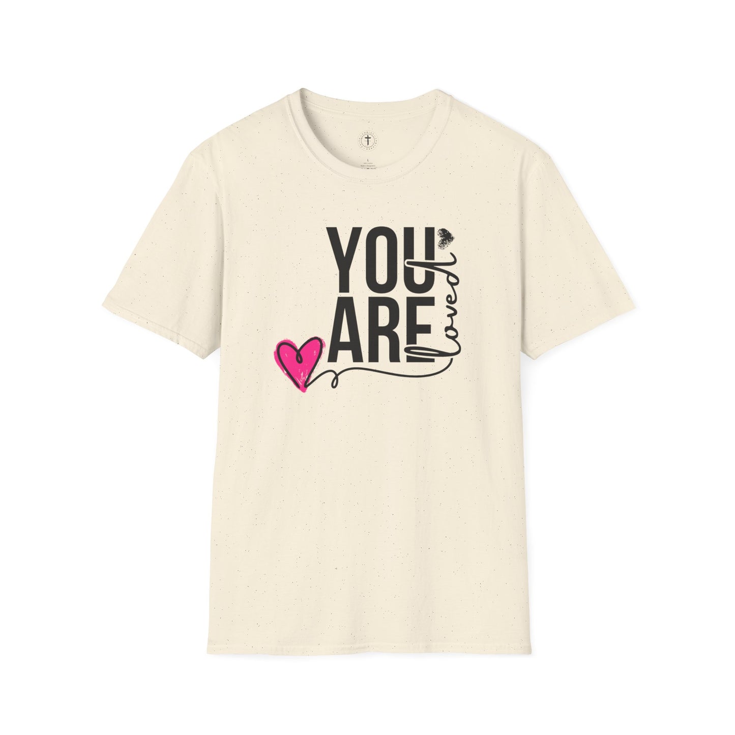 Christ Centered Faith women's Christian T-shirt with "You Are Loved" text in black and pink heart on beige background.