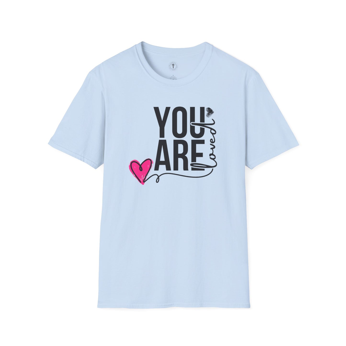 Christ Centered Faith women's Christian T-shirt with "You Are Loved" text in black and pink heart on blue background.