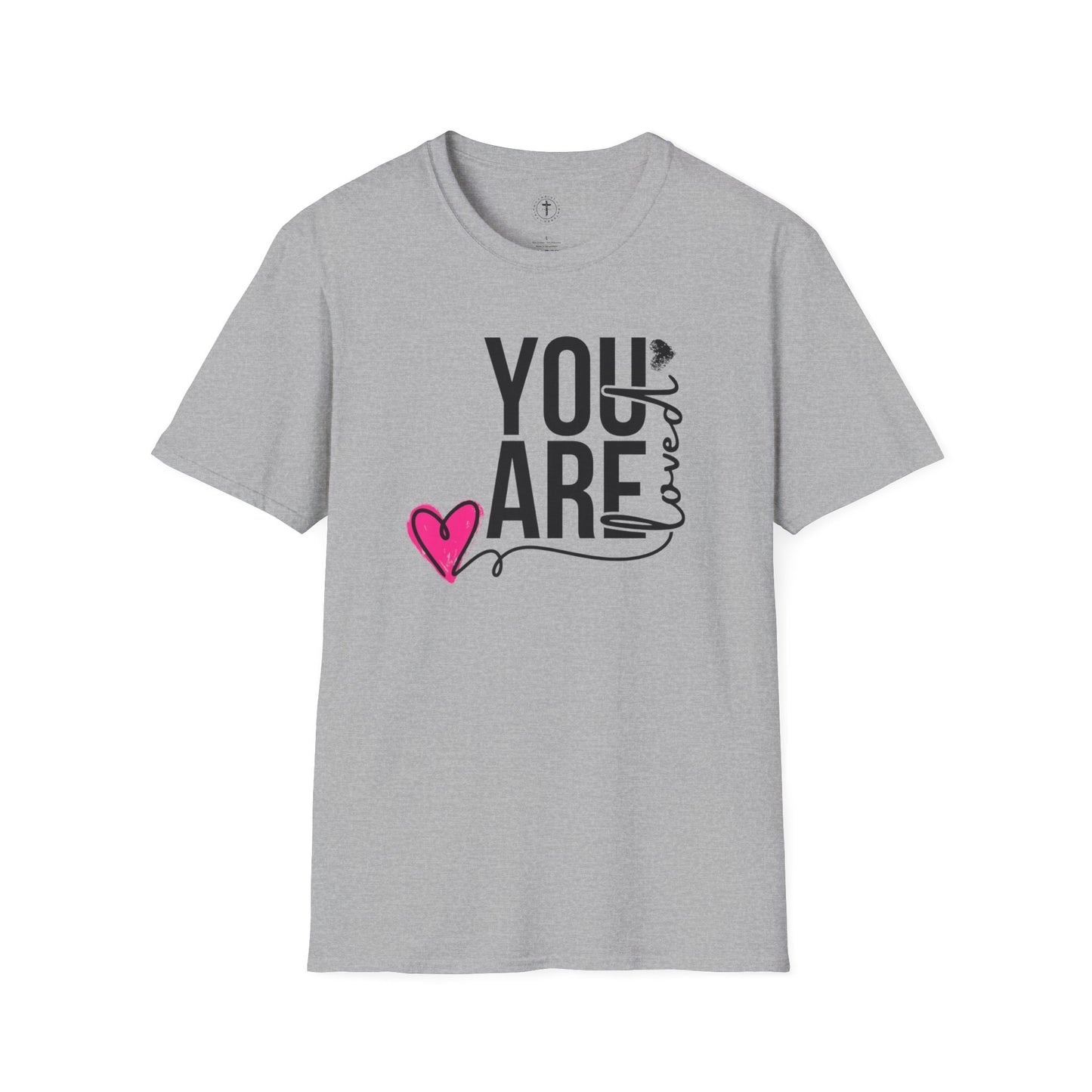 Christ Centered Faith women's Christian T-shirt with "You Are Loved" text in black and pink heart on gray background.