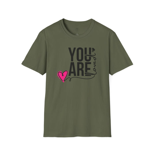 Christ Centered Faith women's Christian T-shirt with "You Are Loved" text in black and pink heart on military green background.