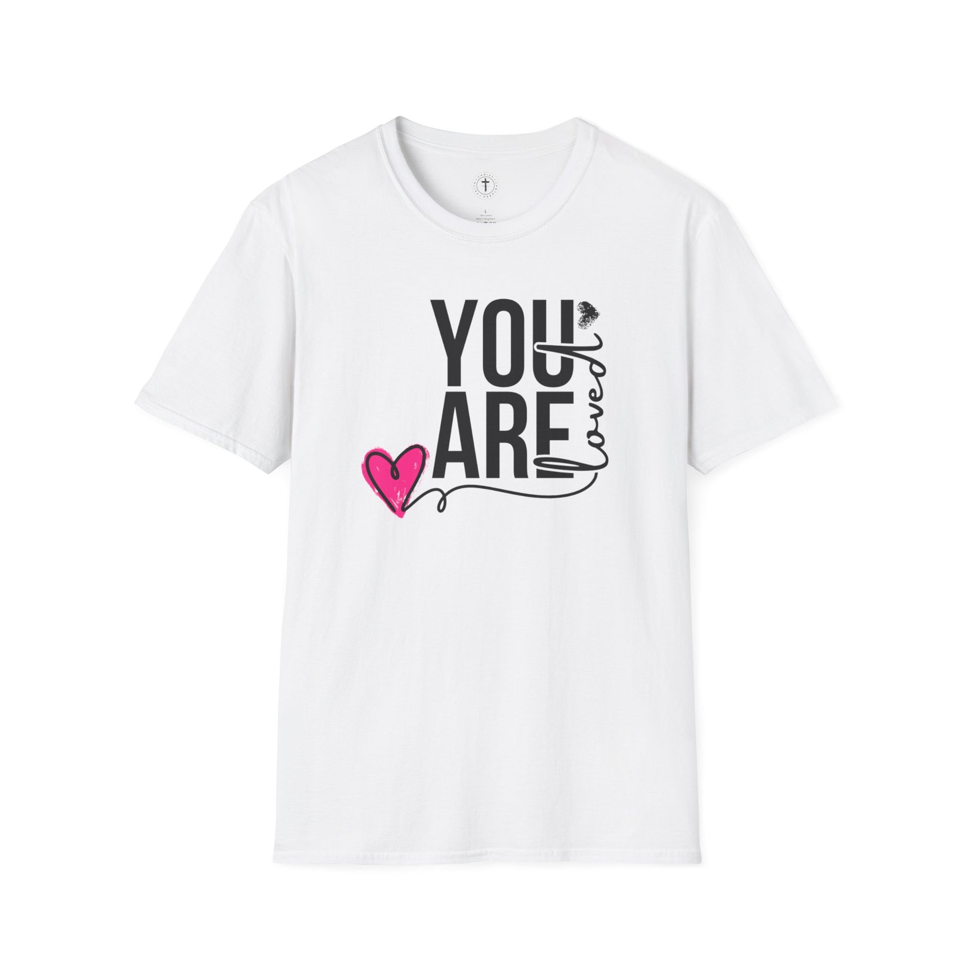 Christ Centered Faith women's Christian T-shirt with "You Are Loved" text in black and pink heart on white background.