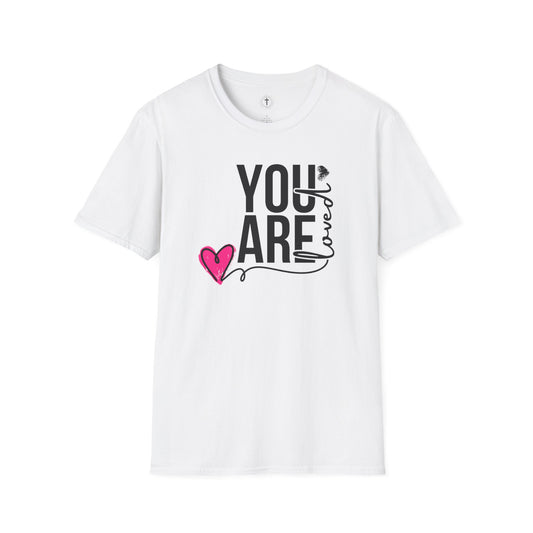 Christ Centered Faith women's Christian T-shirt with "You Are Loved" text in black and pink heart on white background.