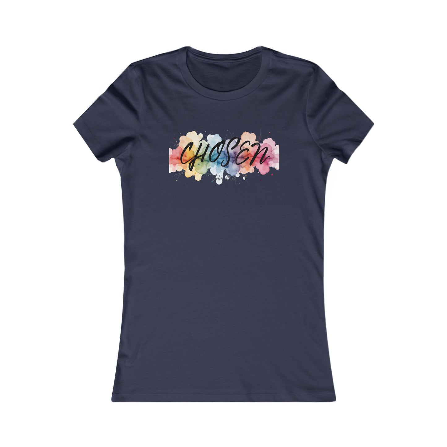 Christ Centered Faith women's Christian T-shirt with "Chosen" text in black over a multicolor watercolor mark on navy background.