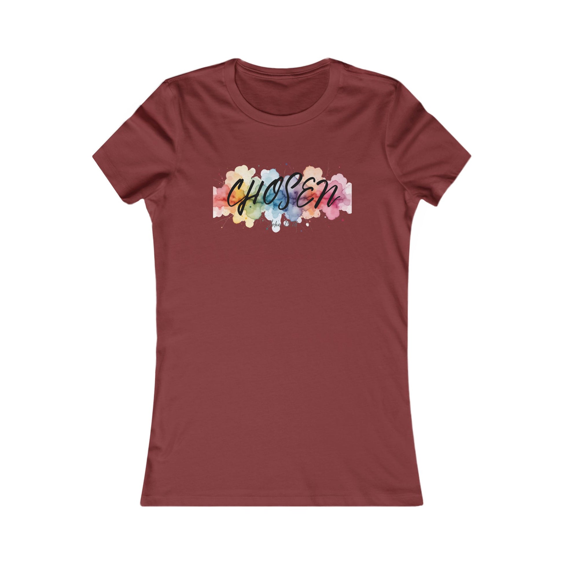 Christ Centered Faith women's Christian T-shirt with "Chosen" text in black over a multicolor watercolor mark on red background.