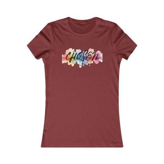 Christ Centered Faith women's Christian T-shirt with "Chosen" text in black over a multicolor watercolor mark on red background.