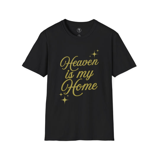 Christ Centered Faith women's Christian t-shirt with "Heaven Is My Home" text in gold on black background.