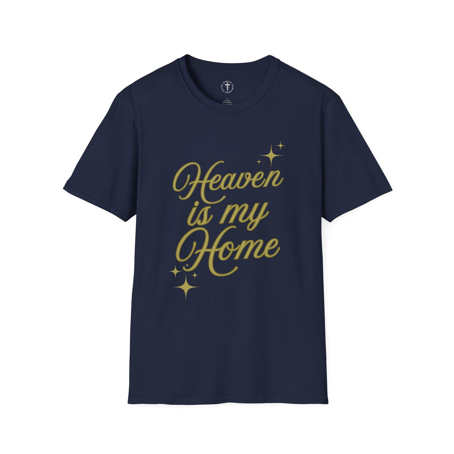 Christ Centered Faith women's Christian t-shirt with "Heaven Is My Home" text in gold on navy background.