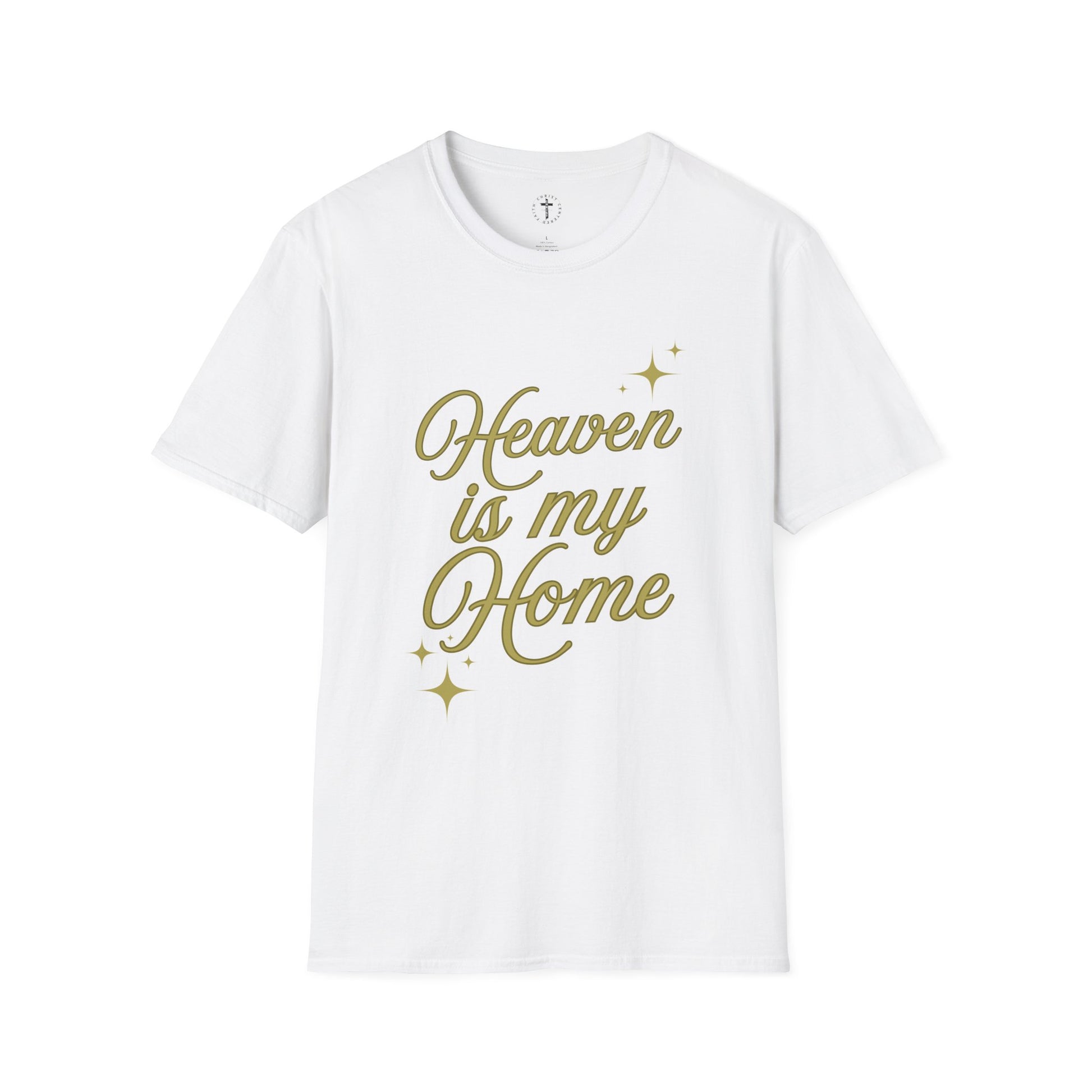 Christ Centered Faith women's Christian t-shirt with "Heaven Is My Home" text in gold on white background.