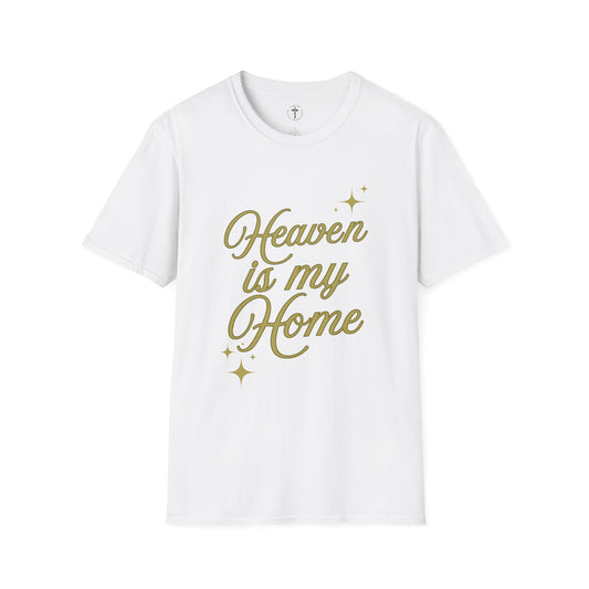 Christ Centered Faith women's Christian t-shirt with "Heaven Is My Home" text in gold on white background.
