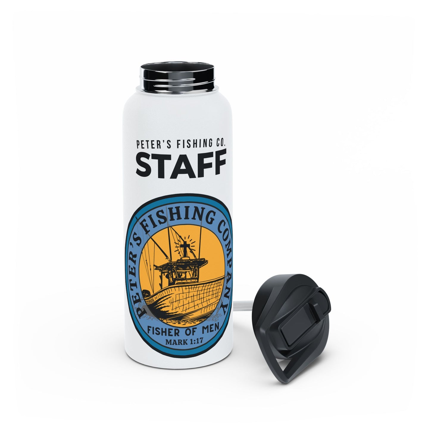 Peter’s Fishing Company Staff Water Bottle – Mark 1:17 Fishers of Men Christian Drinkware
