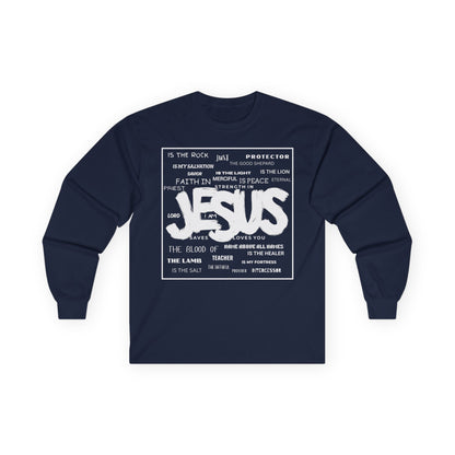 Jesus Word Art Long Sleeve Christian T-Shirt