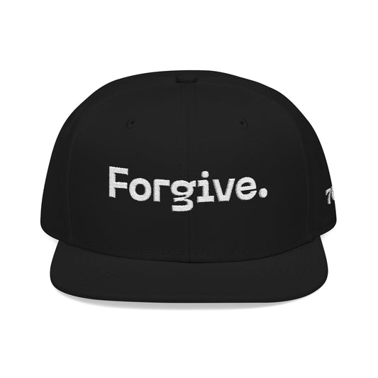Christ Centered Faith unisex Christian flat brim snapback hat with "Forgive" text embroidered in white on black background.
