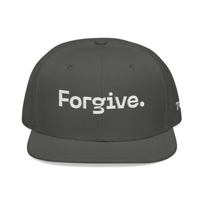 Christ Centered Faith unisex Christian flat brim snapback hat with "Forgive" text embroidered in white on gray background.