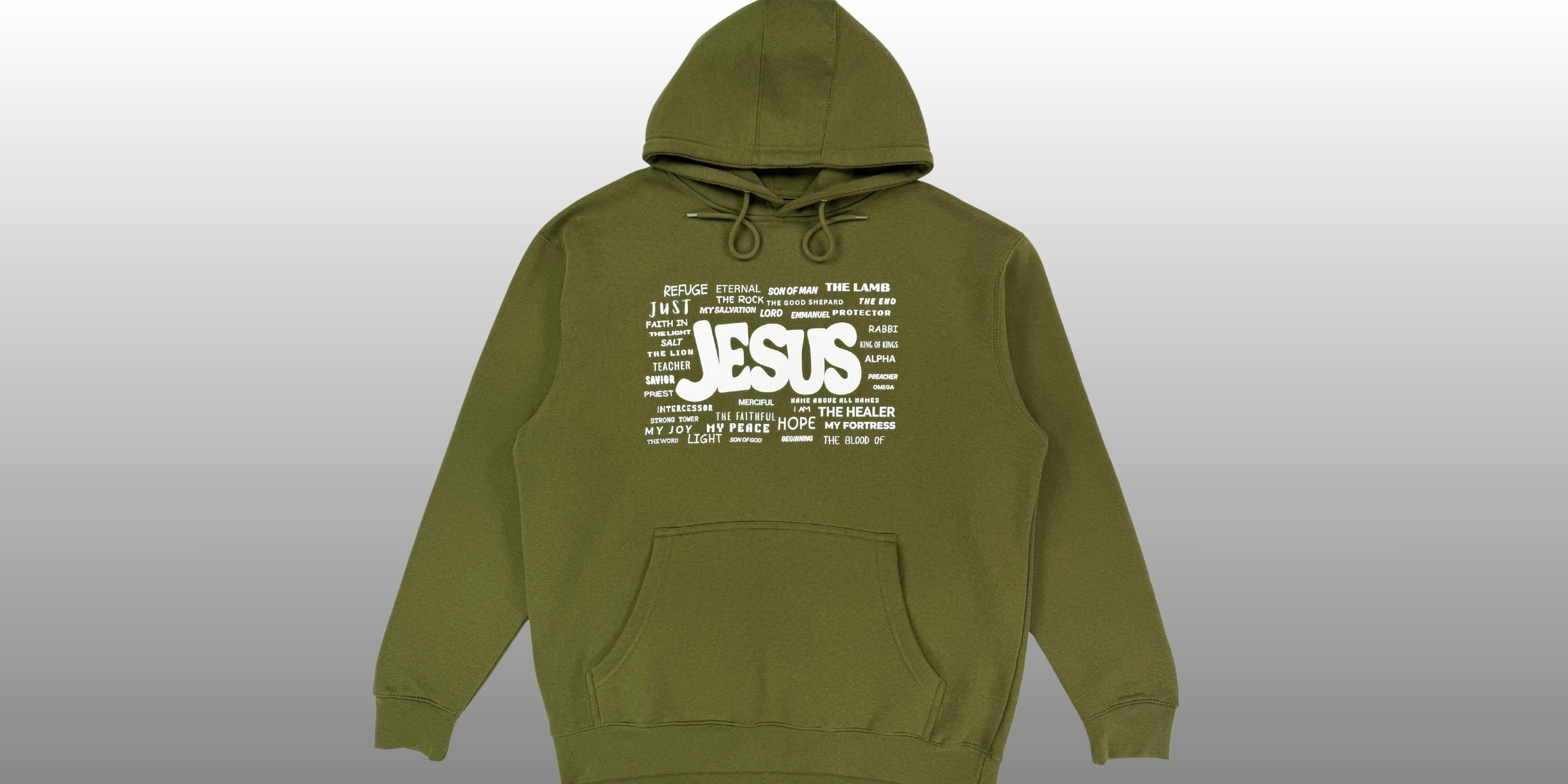 Military green Christian hoodie featuring names of Jesus design on gray background