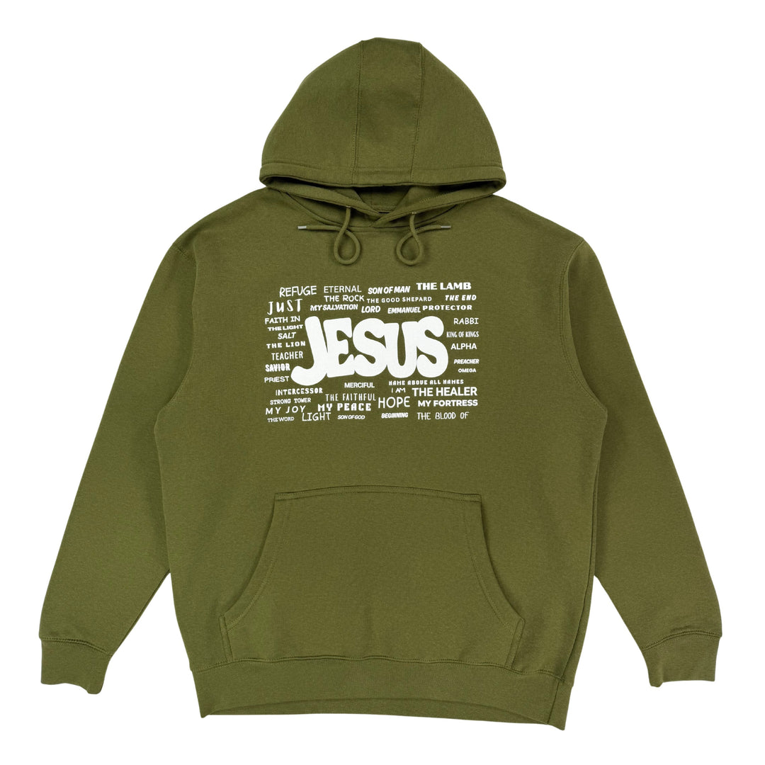 Military green Christian hoodie featuring the names of Jesus on a white background.
