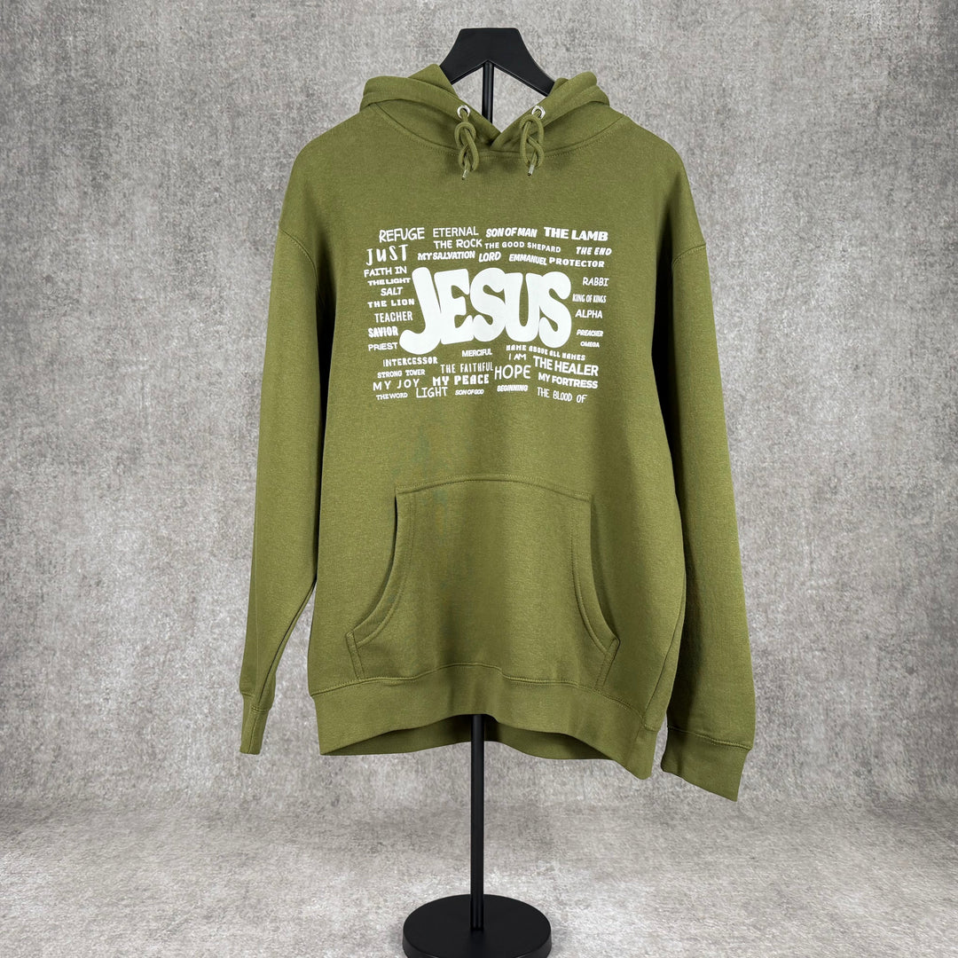 Military green Christian hoodie featuring the names of Jesus on a gray background.