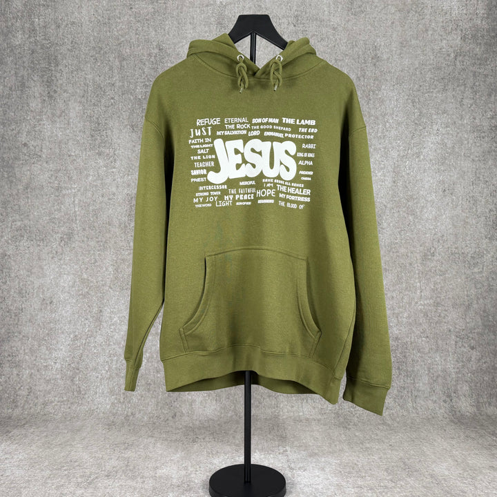 Military green Christian hoodie featuring the names of Jesus on a gray background.