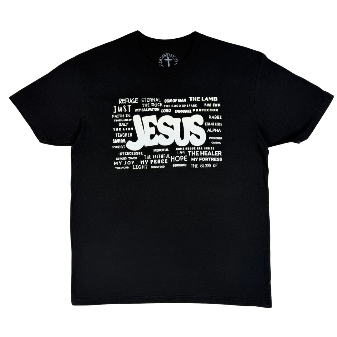 Black Christian t-shirt featuring the names of Jesus graphic design by Christ Centered Faith on a white background.