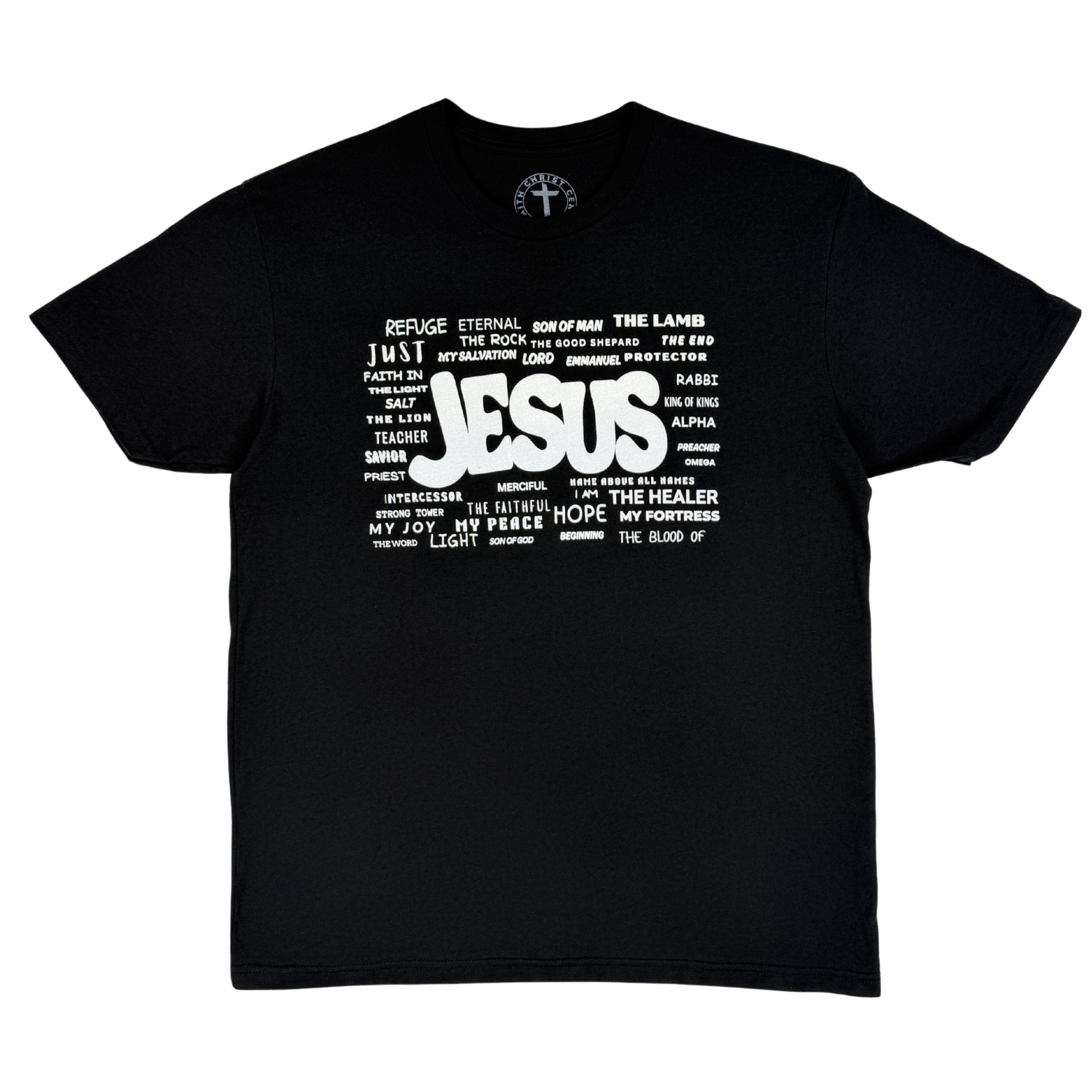 Black Christian t-shirt featuring the names of Jesus graphic design by Christ Centered Faith on a white background.