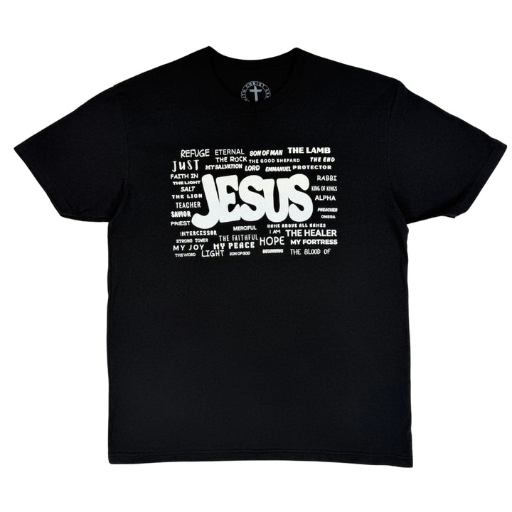 Black Christian t-shirt featuring the names of Jesus graphic design by Christ Centered Faith on a white background.